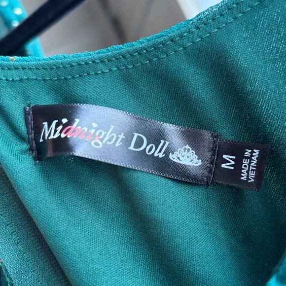 🆕 ✨ Midnight Doll Green Gold Dotted Mini Dress M Tie Party Holiday Chic Size M - Picture 13 of 15